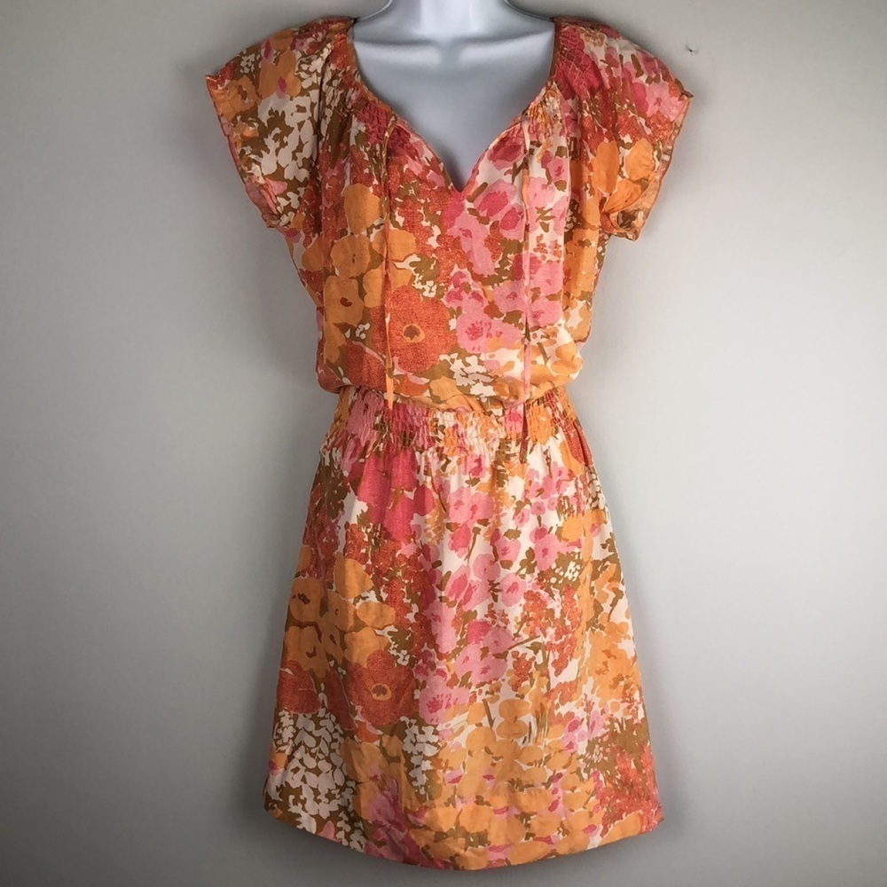 Talbots 100% Silk Smocked Blouson Knee Length Spring Summer Dress Print Pockets - Picture 2 of 16